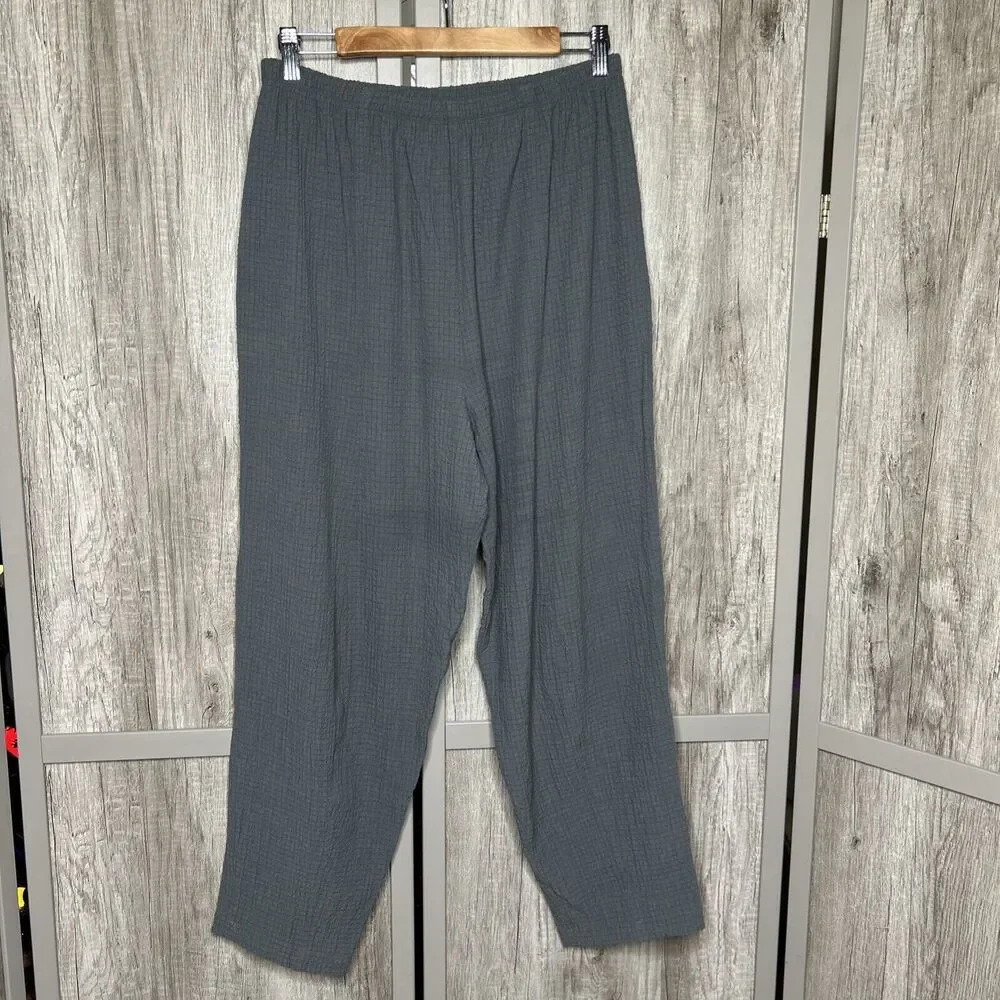 Kiyo Pants Lagenlook Bohemian Pull On Tapered Leg Gray Color Size L